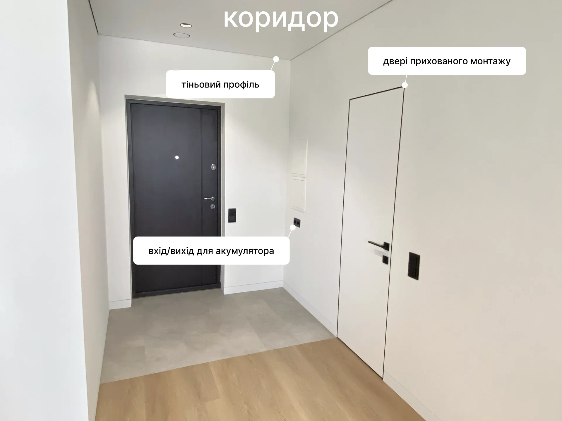 Коридор: двері прихованого монтажу, тіньовий профіль під стелею, вихід для акумулятора біля вхідних дверей